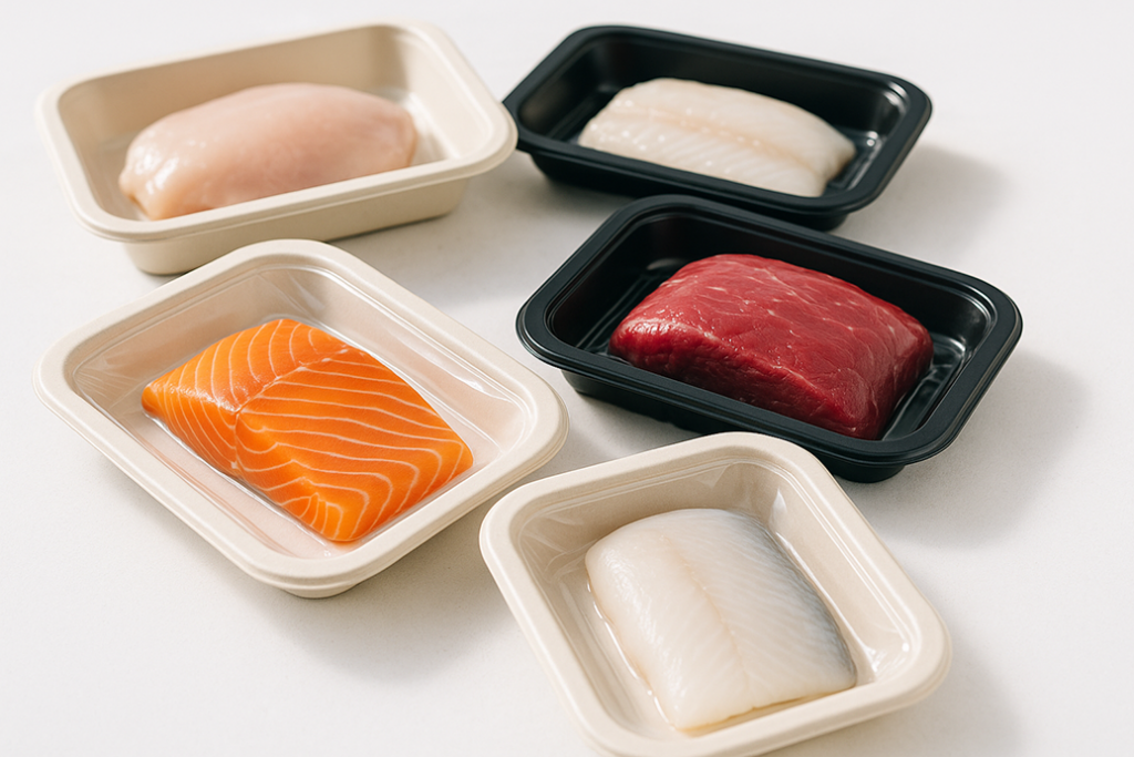 Des aliments de type viandes et poissons mit dans des barquettes avec le conditionnement SKIN.