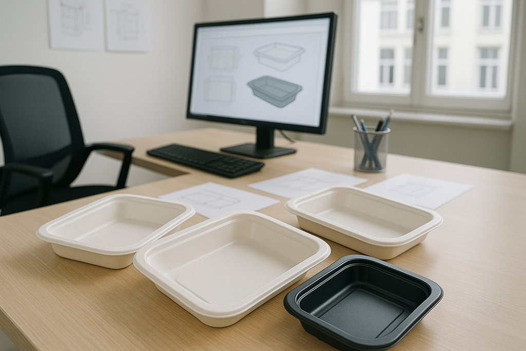 Quatre barquette en pulpe, trois blanches, une noire, disposées sur le bureau d'un développeur produit