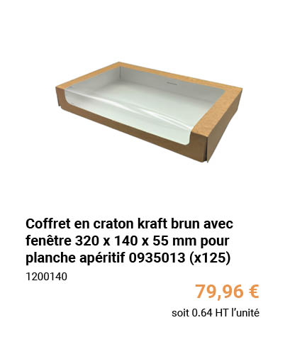 Coffret en craton kraft brun avec fenêtre 320 x 140 x 55 mm pour planche apéritif 0935013 (x125)