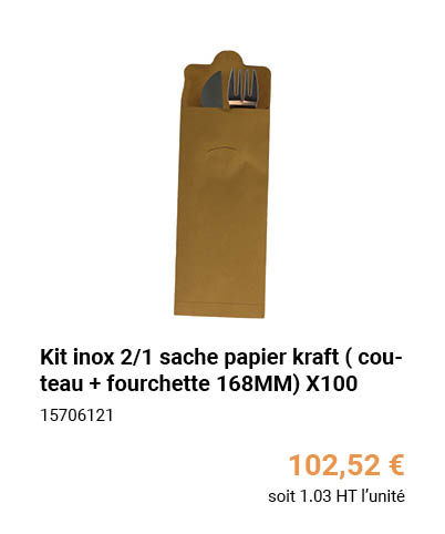 Kit inox 2/1 sache papier kraft ( couteau + fourchette 168MM) X100
