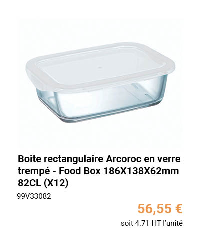 Boite rectangulaire Arcoroc en verre trempé - Food Box 186X138X62mm 82CL (X12)