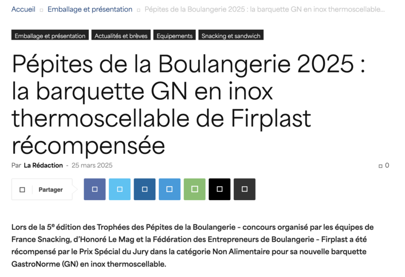 Une innovation Firplast récompensée aux Trophées des Pépites de la Boulangerie 2025